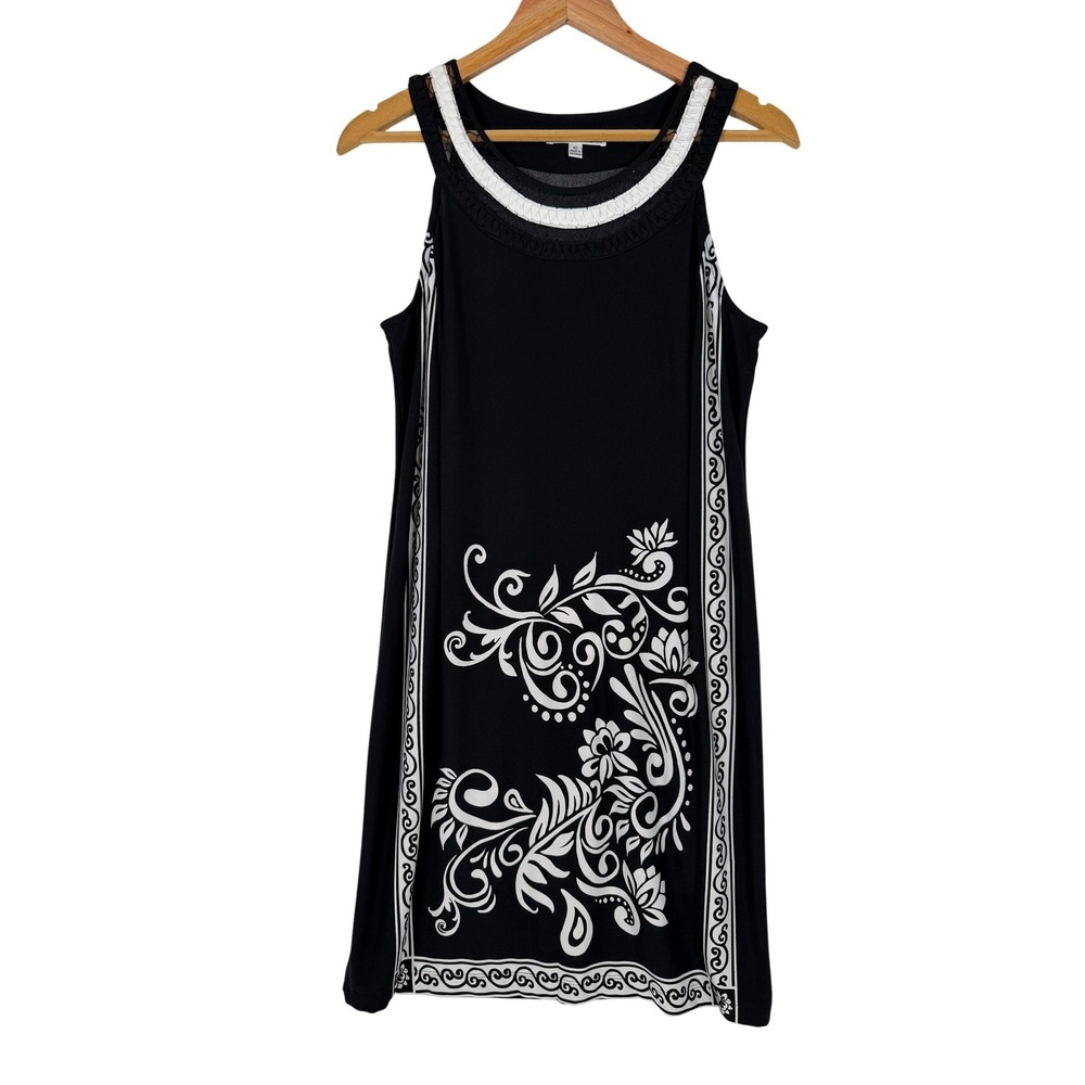 Studio One New York Dress Womens 10 Black White Floral Border Print Sleeveless